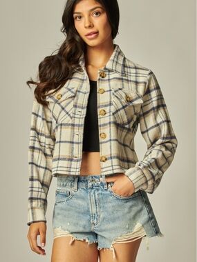Cream & Navy Plaid Flannel Cropped Jacket